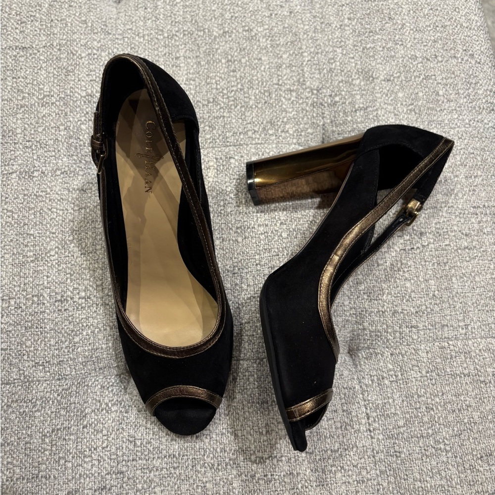 Cole Haan Black and Gold Peep Toe Heels